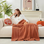 Amélie Home Knit Throw Blanket, Soft Chenille Cozy Breathable Chevron Chunky Decorative Blanket for Couch, Bed & Sofa, French-Inspired Lightweight Warm Gift for Women, Orange, 50"x60"