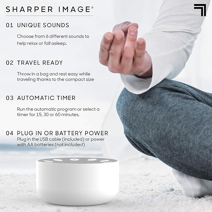 Sharper Image White Noise Sound Machine, Sleep Sounds to Support Restful Sleep, Meditation & Relaxation Naps, 6 Soothing Nature Soundscapes for Baby, Kids & Adults, Portable for Home & Travel