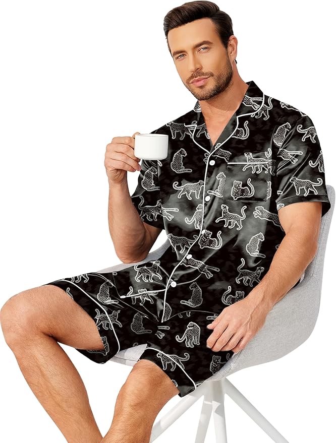 Ekouaer Mens Pajamas Set Silk Satin Sleepwear Short Sleeve Button Down Pjs Set 2 Piece Loungewear with Pockets S-XXL