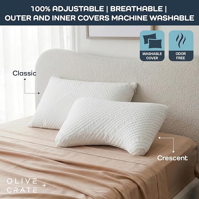Olive + Crate BreathePure™ Adjustable Cooling Shredded Memory Foam Pillow - Breathable Bamboo Viscose Cover for Temperature Control - Crescent Gel Pillows for Side Sleepers - Queen Size