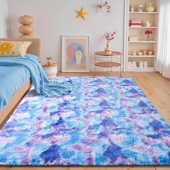 junovo 3x5 Washable Area Rug for Girls Bedroom, Purple Soft Non-Slip Fluffy Bedside Rugs, Shag Plush Memory Foam Carpet for Kids Room Baby Nursery Home Decor Aesthetic