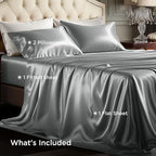 Bedsure Satin Sheets Queen Size - 4 Piece Silky Bedsheets with 15 Inches Deep Pocket Fitted Bedsheet,1 Flat Sheet, 2 Satin Pillowcases, Good for Hair & Skin (Queen, Dark Grey)