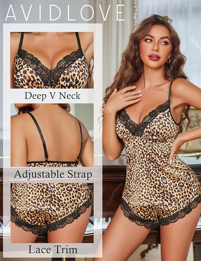 Avidlove Satin Pajamas Set Womens Lace Sleepwear Sexy Lingerie Cami Shorts Set S-XXL