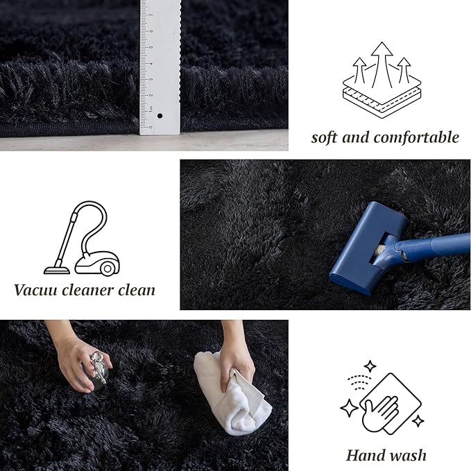 5x7 Area Rugs for Living Room Bedroom,Soft Fluffy Shaggy Bedside Rug, Indoor Floor Carpet for Kids Playroom, Dorms, Nursery Rooms, Home Decor (Black 5'x7')