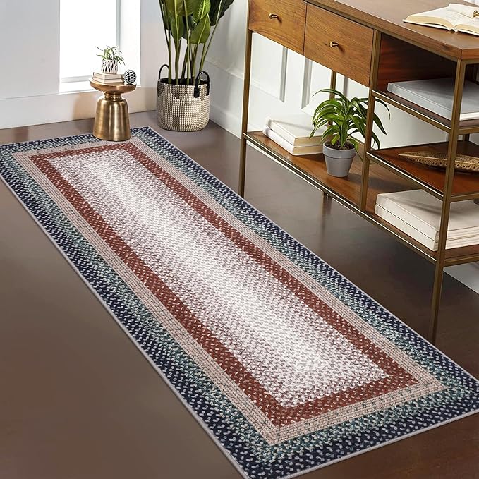 RUGSREAL Hallway Runner Rugs 2x6 Braided Rug Machine Washable Kitchen Rug Farmhouse Runner Carpet Non Slip Stain Resistant Rustic Runner Modern Printed Rug for Living Room Bedroom, Olive/Brown