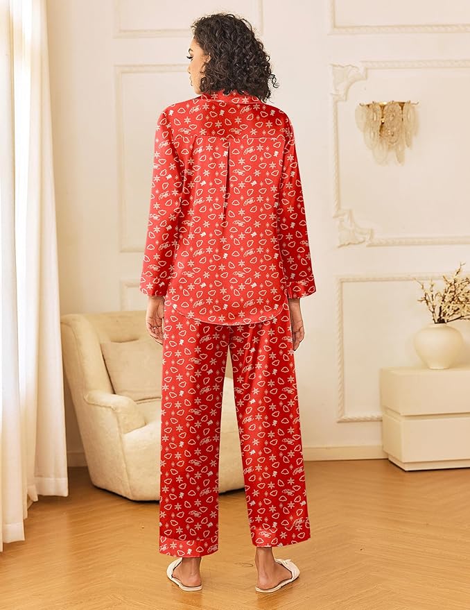 Ekouaer Womens Silk Satin Pajama Sets 2 Piece Sleepwear Pjs Set Long Sleeve Button Down Top and Pants Stripe Loungewear S-XXL