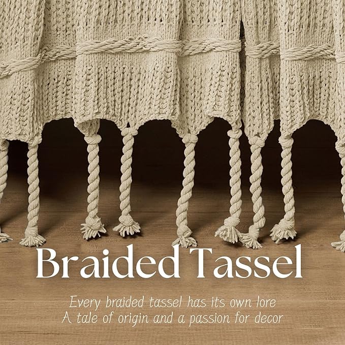 Boho Knitted Chenille Blanket with Tassels - Lightweight & Soft All-Season Throw - 3D Classic Pattern for Living Room Bedroom Couch, Sandy Beige, Queen 90"x90"