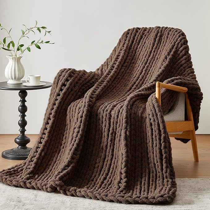 Negwoo Chunky Knit Throw Blanket, 60''*80'' Knitted Throw Chenille Yarn for Bed Couch, Handmade Dark Brown Crochet Big Thick Blanket, Machine Washable Cute Comfy Blanket for Home Decor