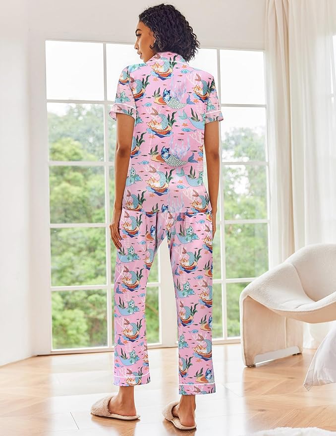 Ekouaer Silk Satin Pajamas Set Women Short Sleeve Sleepwear Soft Button Down Loungewear Pjs Set