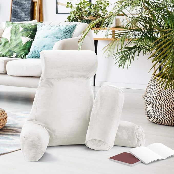 Clara Clark Reading Pillow with Shredded Memory Foam Includes 2 Neck and Lumber Support Pillows, Designed for Sitting Up in Bed and Couch, Back and Arms Adjustable Support for Adults & Teens, White
