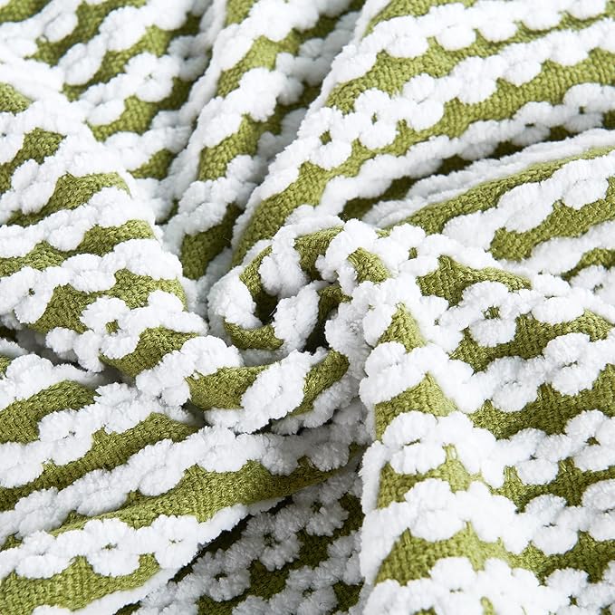 Striped Knit Throw Blanket with Braided Tassels 50" x 60", Hand Knitted Soft Chunky Chain Design Boho Farmhouse Blanket, Two Tone Tassel Decor Throw for Couch Bed Sofa Outdoor, Olive White