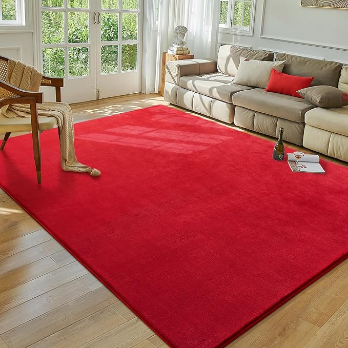 Softlife Red Area Rug for Bedroom Living Room, Solid Non-Slip 6x9 Fluffy Carpet with Soft Low Pile for Kids Boys Girls, Machine Washable Fuzzy Aethetic Rugs Home Dorm Decor