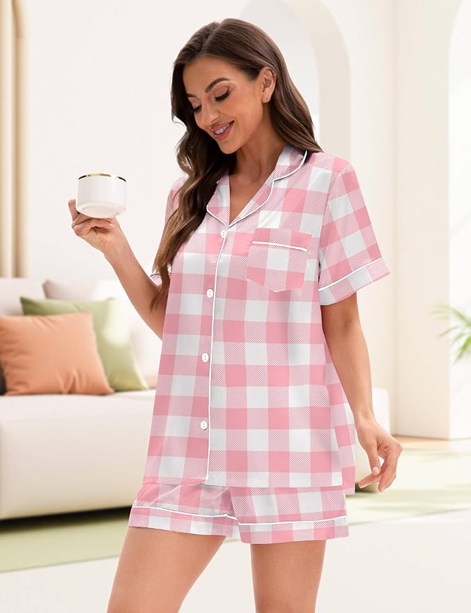 EPLAZA Silk Pajamas for Women Satin Pajamas Set 5 Pcs Long Sleeve Print Pattern Button Down Pjs Sleepwear Loungewear Set