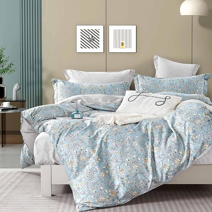 ALEISSEL Smoky Blue Botanical Cotton Comforter King Size - 3PC Lightweight Bedding Sets with Soft Fill, Luxurious Vintage-Inspired Floral Patterns, Light Gray Striped Reversible Design
