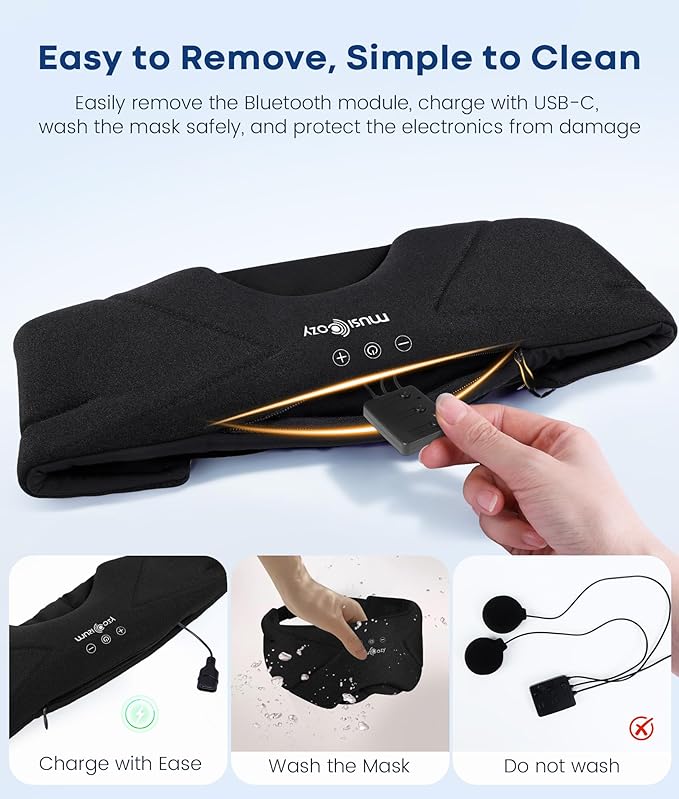 MUSICOZY Bluetooth Sleep Mask Headphones 5.4, Wireless Over-Ear Headphones Washable Zipper Sleep Headphones Mask with HD Stereo Speakers for Side Sleepers Travel & Relaxation, Gifts for Men Women