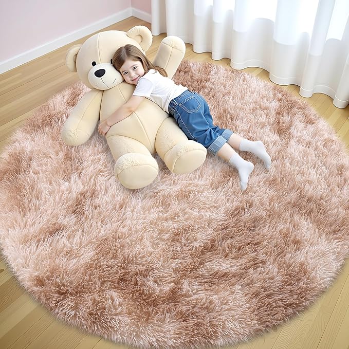 OLANLY Beige Tie-dye Round Rugs for Bedroom - Machine Washable, 5x5 Feet Circle Area Rugs for Living Room, Soft and Fluffy Shaggy Carpet for Girls and Boys, Nursery Rooms, Dorms, Home Decor Aesthetic