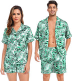 SWOMOG Satin Matching Pajamas Sets Couple Silk Button Down Nightwear Women & Men Short Sleeve Sleepwear 2 Pieces Loungewear