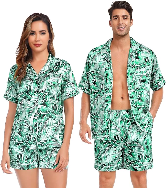 SWOMOG Satin Matching Pajamas Sets Couple Silk Button Down Nightwear Women & Men Short Sleeve Sleepwear 2 Pieces Loungewear