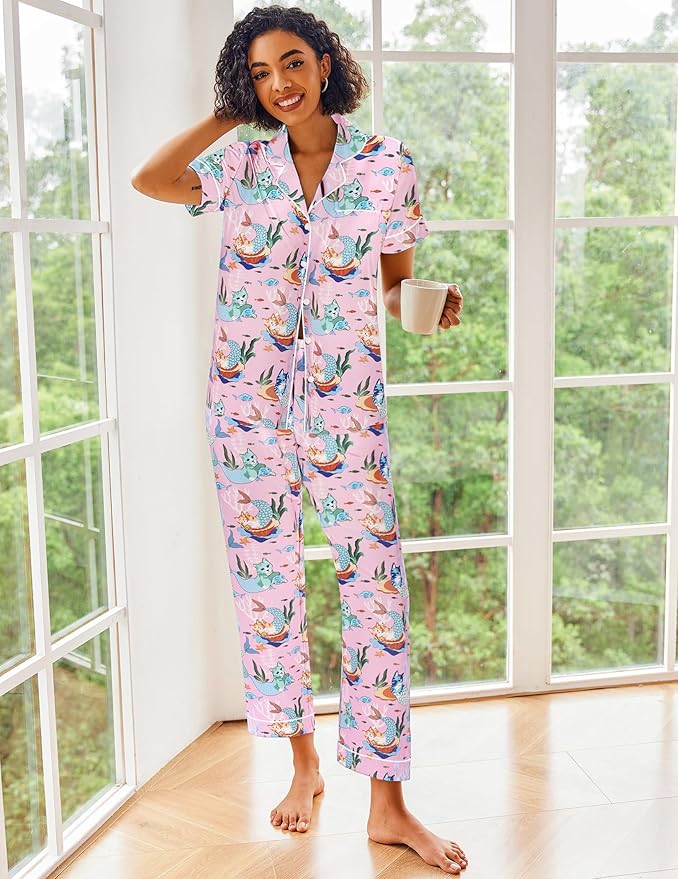 Ekouaer Silk Satin Pajamas Set Women Short Sleeve Sleepwear Soft Button Down Loungewear Pjs Set