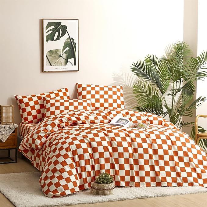 CLOTHKNOW Orange Beige Plaid Comforter Set Twin Grid Bedding Comforter Sets Soft All Checker Comforter with 2 x Pillow Cases