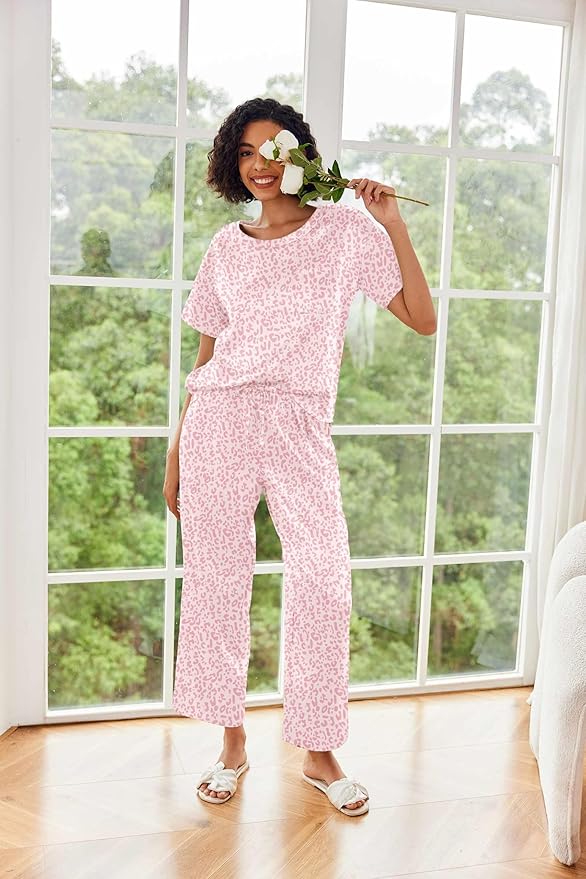 Ekouaer Womens Satin Silky Pajama Set Short Sleeve Shirt with Long Pajama Pant Set Soft PJ Loungewear
