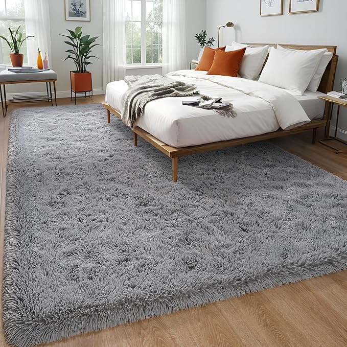 Grey Area Rug 8x10 Large Rugs for Living Room Bedroom, Fluffy Soft Rug Modern Carpets for Kids Room, Non-Skid Rectangular Indoor Rug for Girls Boys Playroom Nursery Room Home Decor