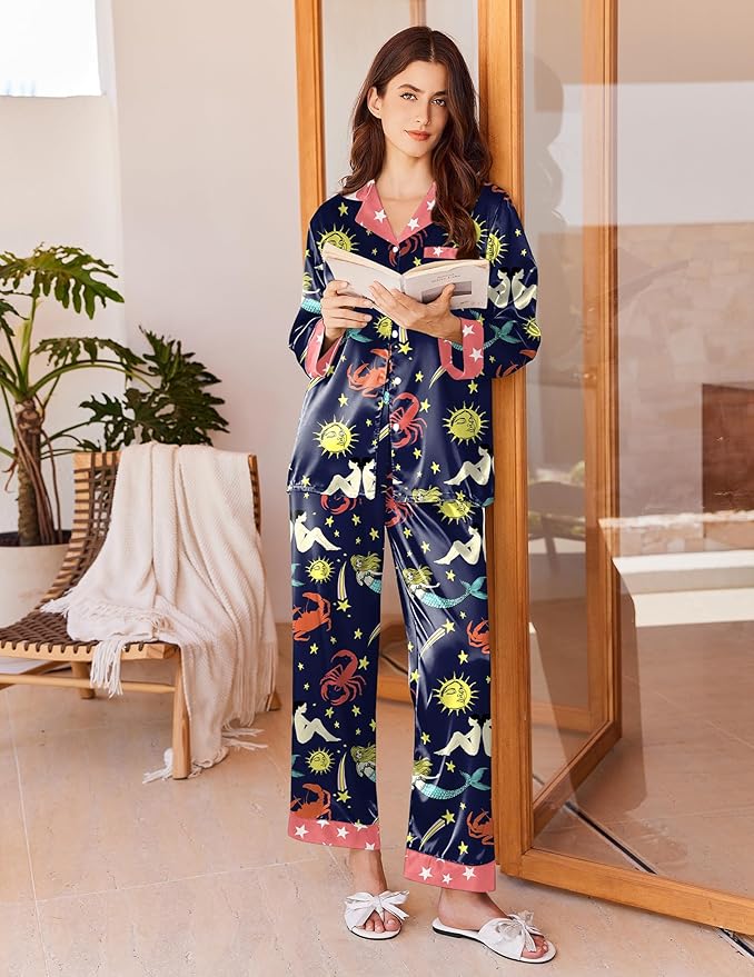 Ekouaer Silk Pajamas for Women Long Sleeve Satin Pajama Set Silky Pj Sets 2 Piece Button Down Loungewear Sleepwear