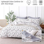 ALEISSEL White Floral Cotton Comforter Queen Size - 3PC Lightweight Bedding Sets with Soft Fill, Elegant Pale Purple & Burgundy Botanical Patterns with Light Gray Reversible Design