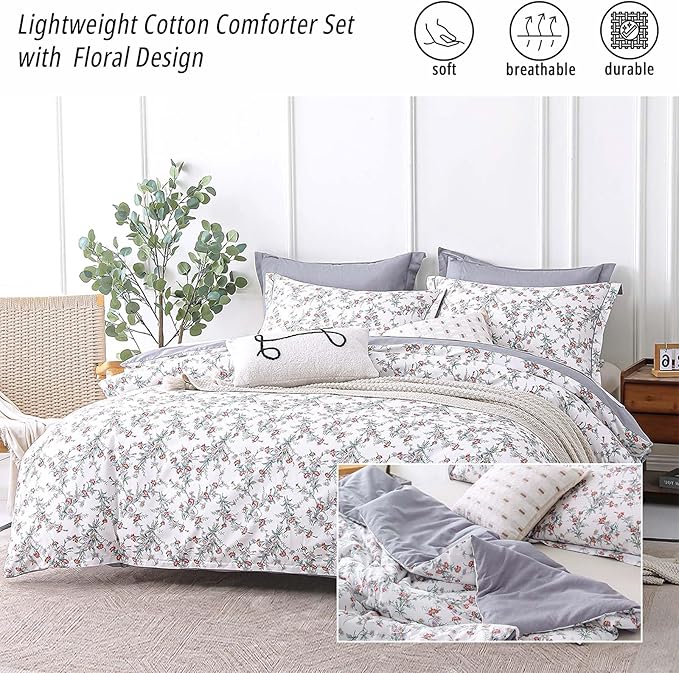 ALEISSEL White Floral Cotton Comforter King Size - 3PC Lightweight Bedding Sets with Soft Fill, Elegant Pale Purple & Burgundy Botanical Patterns with Light Gray Reversible Design