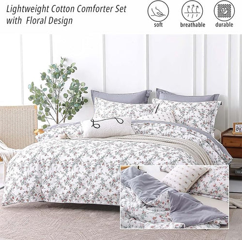 ALEISSEL White Floral Cotton Comforter King Size - 3PC Lightweight Bedding Sets with Soft Fill, Elegant Pale Purple & Burgundy Botanical Patterns with Light Gray Reversible Design