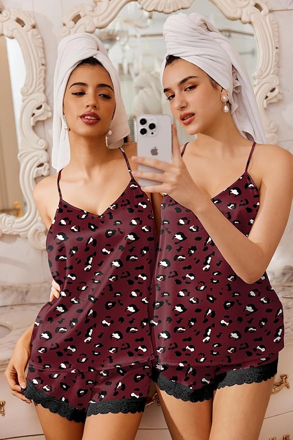 Ekouaer Satin Pajamas Women Lace Sleepwear Lingerie Cami Shorts Set Nightwear XS-XXL