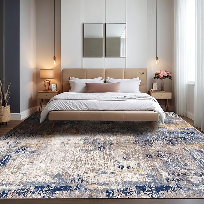 Area Rug 8x10 Washable Rugs Modern Abstract Area Rug Soft Non-Slip Non-Shedding Faux Wool Stain Resistant Floor Carpets for Living Room Bedroom Dining Room Kids Room Home Office (Beige, Brown)