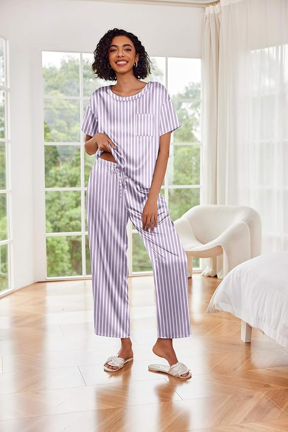 Ekouaer Womens Satin Silky Pajama Set Short Sleeve Shirt with Long Pajama Pant Set Soft PJ Loungewear