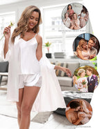 EPLAZA 3 Pcs Silk Pajamas for Women Satin Pajama Set Sexy Lace V-neck Cami Top Shorts Pjs Set with Robe Sleepwear