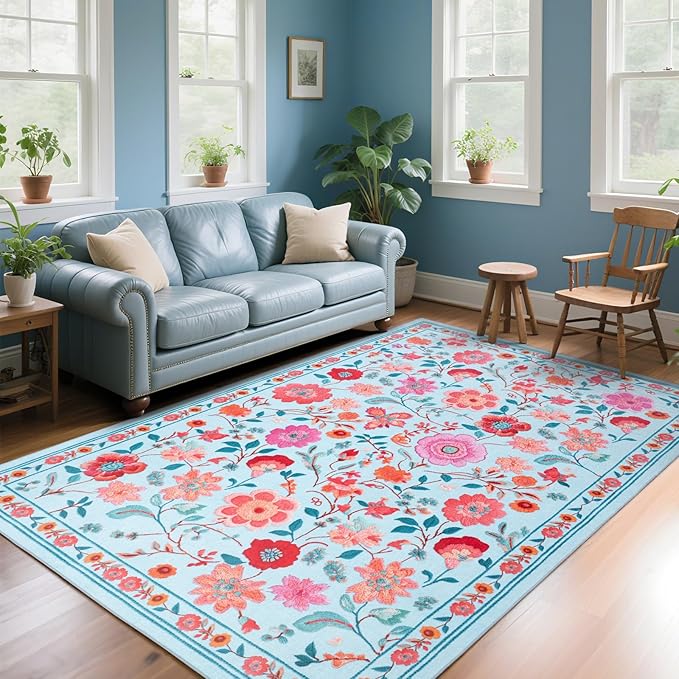 CRYPTOLITE Living Room Rug 6x9 Rug, Machine Washable Area Rug Non Slip Low Pile Floral Rug for Living Room, Bedroom, Farmhouse, Dining Room, Kids Playroom, Blue