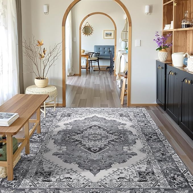 CRYPTOLITE Living Room Rug 7x10, Machine Washable Area Rug Non Slip Low Pile Rug for Living Room, Bedroom, Farmhouse, Dining Room, Grey