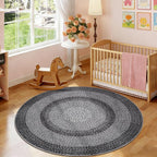 Modern Bordered Round Area Rug 4ft Washable Bedroom Circle Rugs Non Slip Stain Resistant Dining Room Round Throw Carpet Contemporary Circle Mats for Living Room Kitchen Nursery, Black