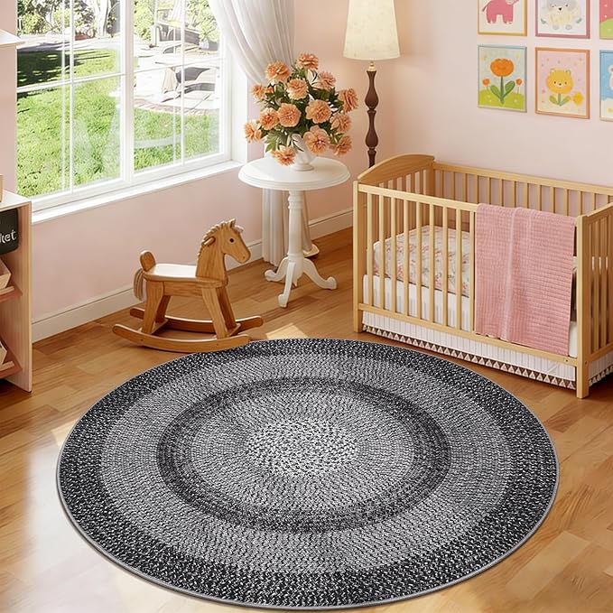 Modern Bordered Round Area Rug 4ft Washable Bedroom Circle Rugs Non Slip Stain Resistant Dining Room Round Throw Carpet Contemporary Circle Mats for Living Room Kitchen Nursery, Black