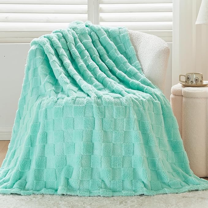 NEWCOSPLAY Super Soft Twin Blanket Aqua Premium Silky Flannel Fleece 3D Checkered Lightweight Bed Blanket All Season Use (Aqua Checkered, Twin(60"x80"))