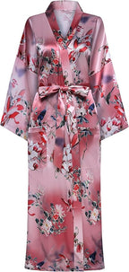 Valennia Women Long Silky Bathrobe Satin Kimono Robe Floral Printed Dressing Gown Sleepwear