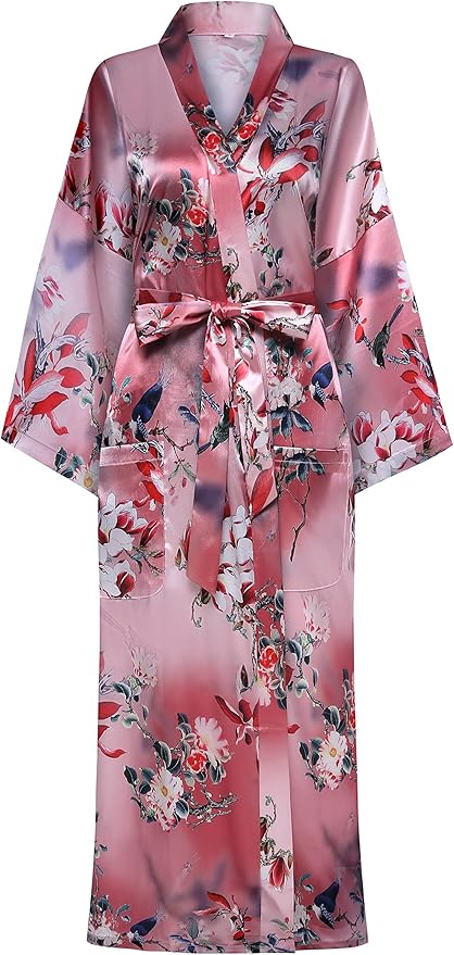Valennia Women Long Silky Bathrobe Satin Kimono Robe Floral Printed Dressing Gown Sleepwear