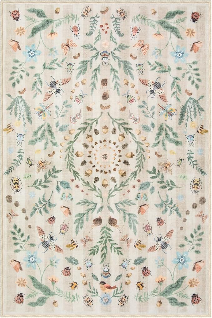 Lahome Chloe Insect Botanical Beige 2x3 Bathroom Rugs Non Slip Washable Door Mat Indoor Entrance,Boho Small Kitchen Rugs,Floral Soft Indoor Carpet Throw Mat for Entryway Laundry Bedroom(Beige,2x3)