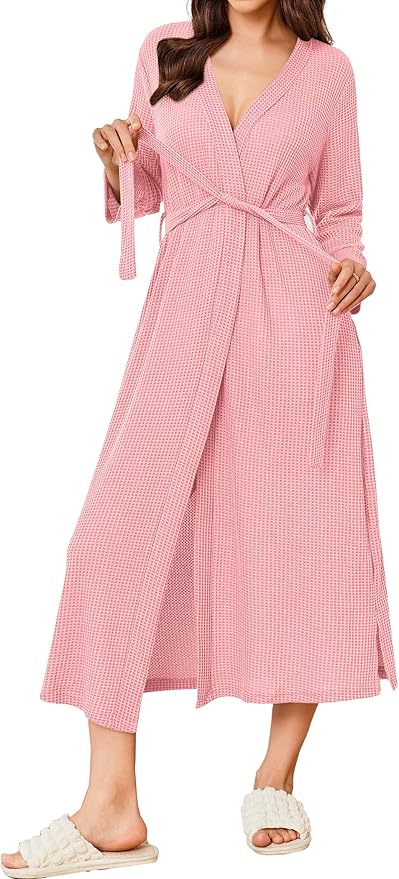 Ekouaer Women's Robe Long Waffle Knit Bathrobe Lightweight Soft Kimono Robes Loungewear S-XXL
