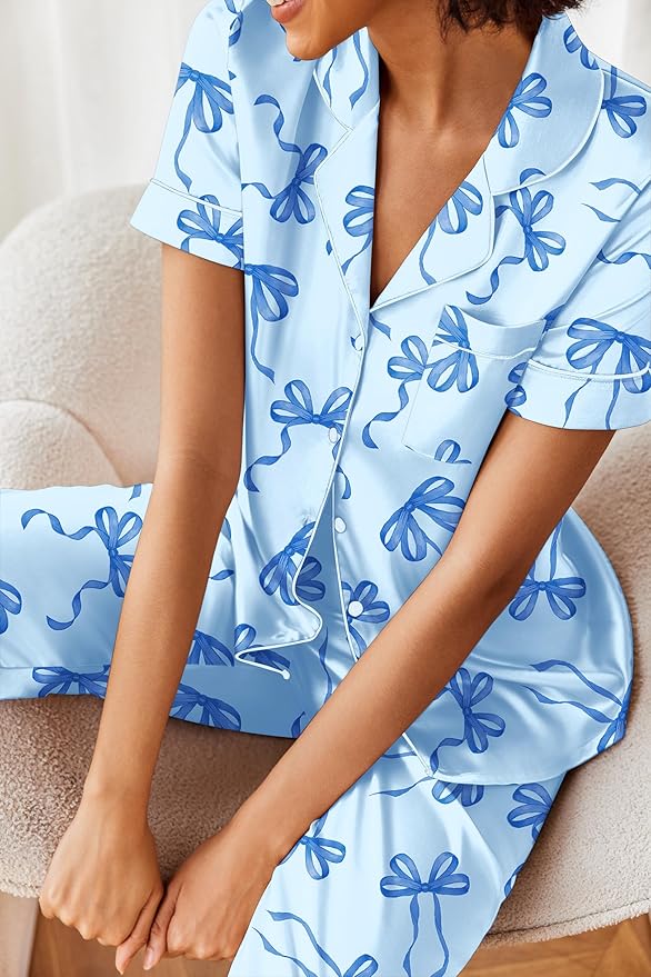 Ekouaer Silk Satin Pajamas Set Women Short Sleeve Sleepwear Soft Button Down Loungewear Pjs Set