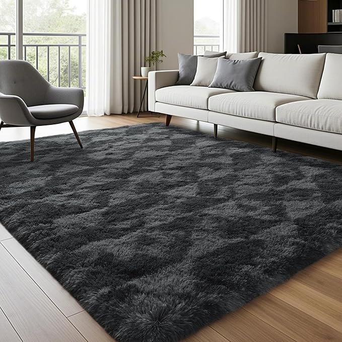 ISEAU 5x7 Area Rug for Living Room, Dark Grey Geometric Pattern Plush Rug for Bedroom, Kitchen, Soft Shaggy Carpets, Fluffy and Machine Washable Mats, Nursery Floors Mat, Boys Room Carpet Decor