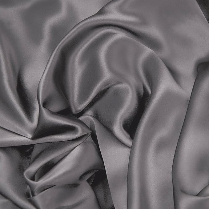 Aus Vio 100% Natural Charmeuse Silk Luxurious Satin Robe with Black Lace, Buttery Soft to Touch, Durable, Breathable, Hypoallergenic Season, M/L, Gray