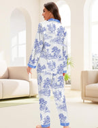 EPLAZA Silk Pajamas for Women Satin Pajamas Set 5 Pcs Long Sleeve Print Pattern Button Down Pjs Sleepwear Loungewear Set
