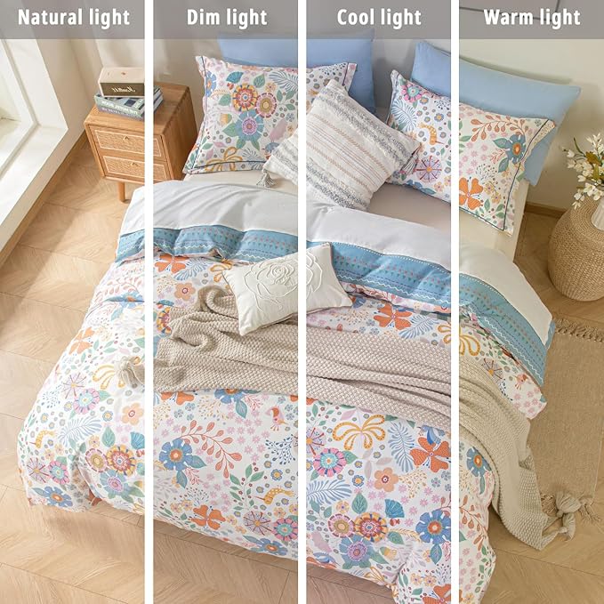 ALEISSEL Blue Floral Cotton Comforter King Size - Vibrant Artistic Blooms & Boho Geometric Patterns, White & Soft Blue, 3PC Lightweight Bedding Sets with Down Alternative Fill(104"×90")