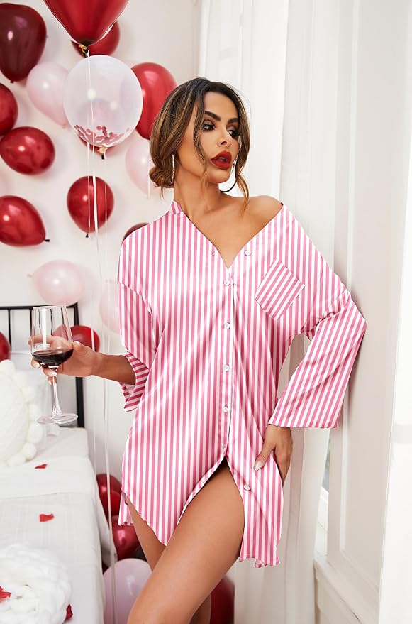 Ekouaer Satin Nightgowns for Women Silk Sleepwear Button Down Sleepshirt 3/4 Sleeve V-Neck Nightshirts with Pockets
