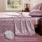 MR&HM Satin Bed Sheets with Elastic Corner Straps, King Size Sheets Set, 4 Pcs Silky Bedding Set with 15 Inches Deep Pocket for Mattress (King, Pink Leopard)